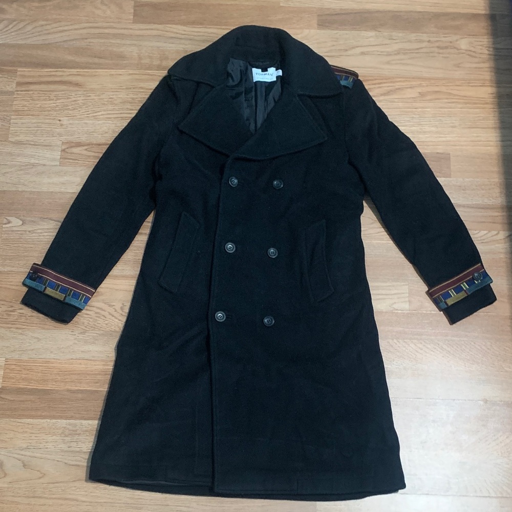 Topman Black Double-Breasted Pea Coat with Accent Cuff Trim